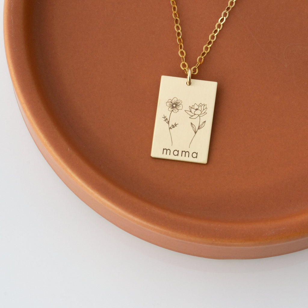 Personalized Birth Flower Necklace with Name – Custom Engraved Floral Pendant, Meaningful Gift | Rectangular Pendant
