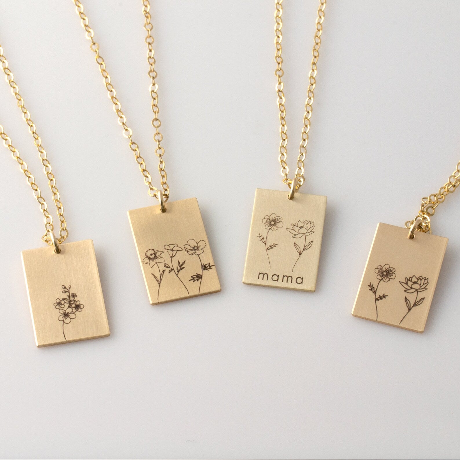 Personalized Birth Flower Necklace with Name – Custom Engraved Floral Pendant, Meaningful Gift | Rectangular Pendant
