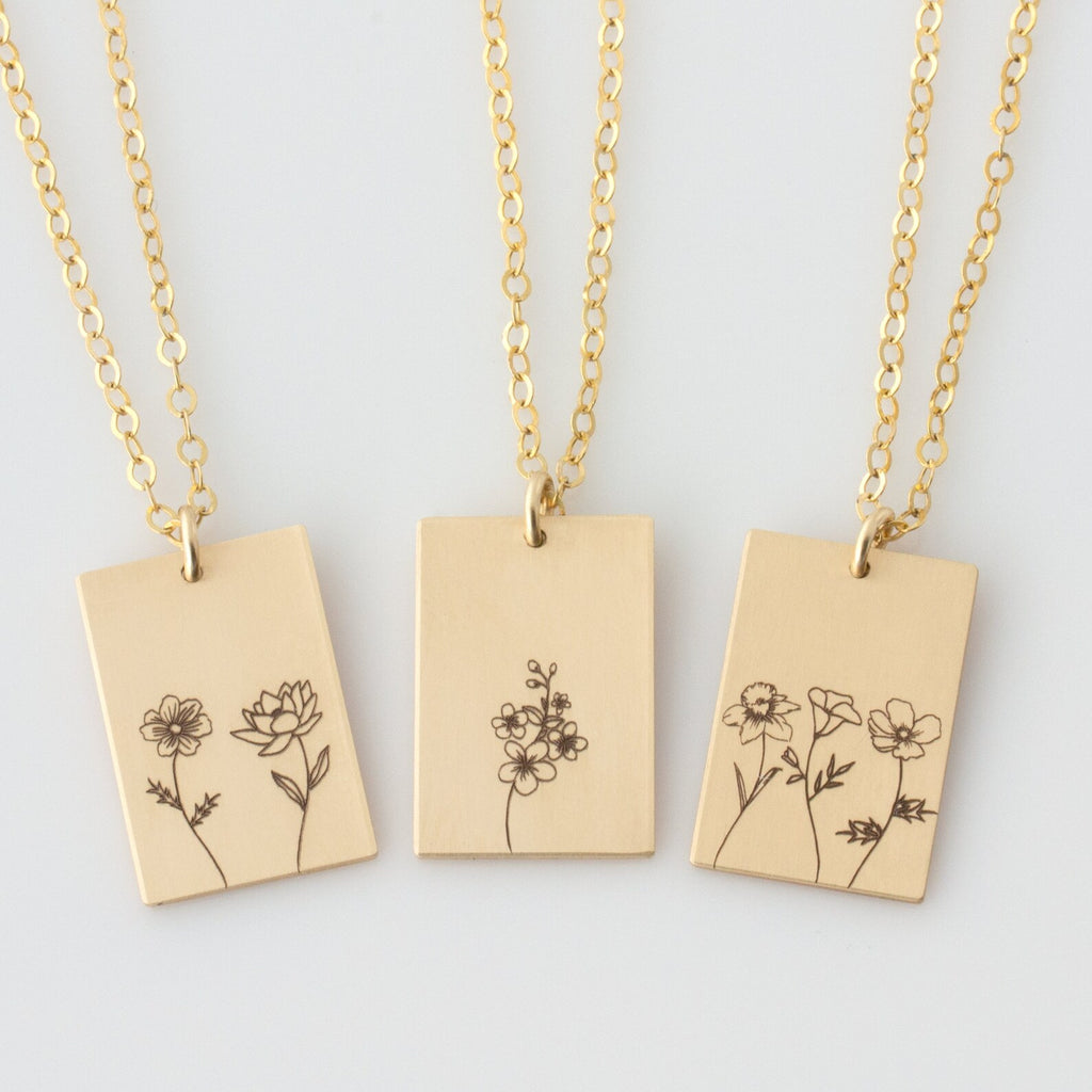Personalized Birth Flower Necklace with Name – Custom Engraved Floral Pendant, Meaningful Gift | Rectangular Pendant