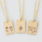 Personalized Birth Flower Necklace with Name – Custom Engraved Floral Pendant, Meaningful Gift | Rectangular Pendant