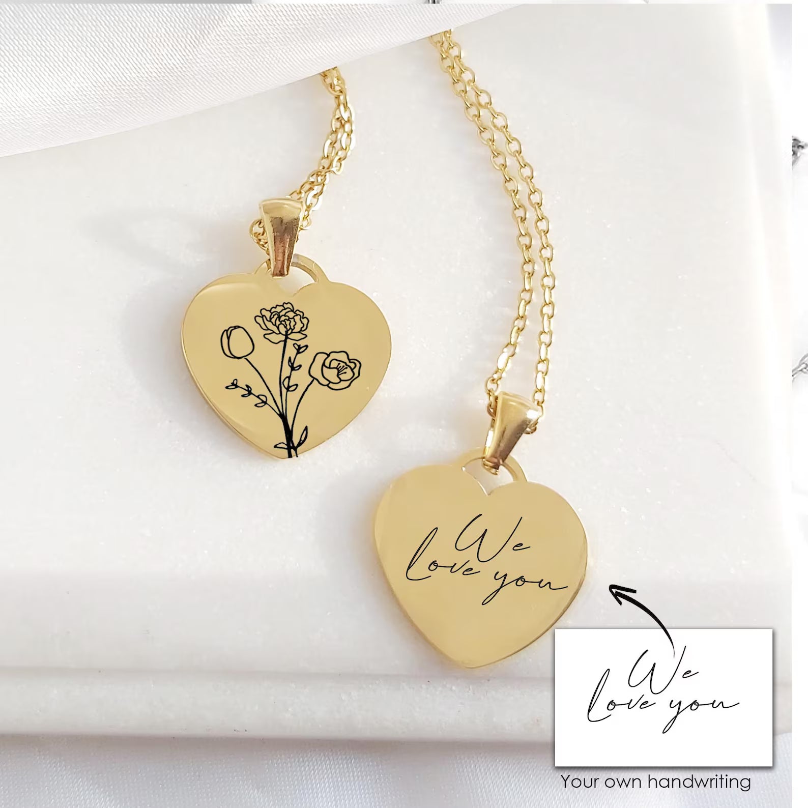 Personalized Birth Flower Necklace with Name – Custom Engraved Floral - Heart Shape Pendant