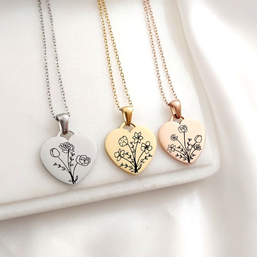 Personalized Birth Flower Necklace with Name – Custom Engraved Floral - Heart Shape Pendant
