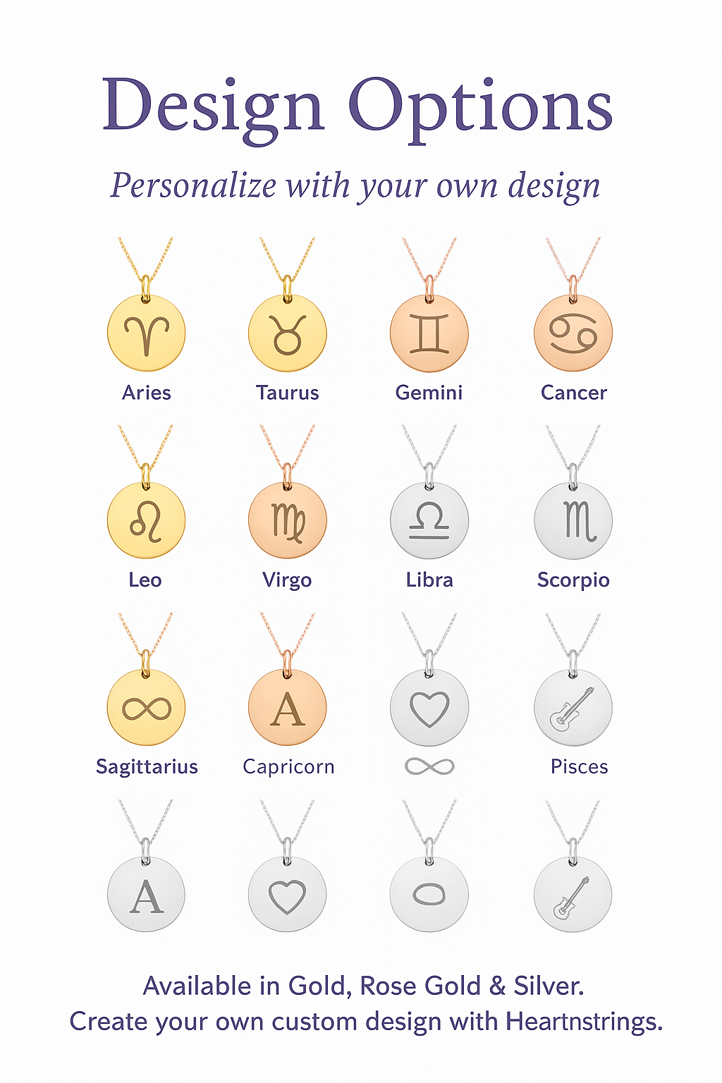 Custom Round Pendant featuring icons such as zodiac signs, initials, and musical instruments.