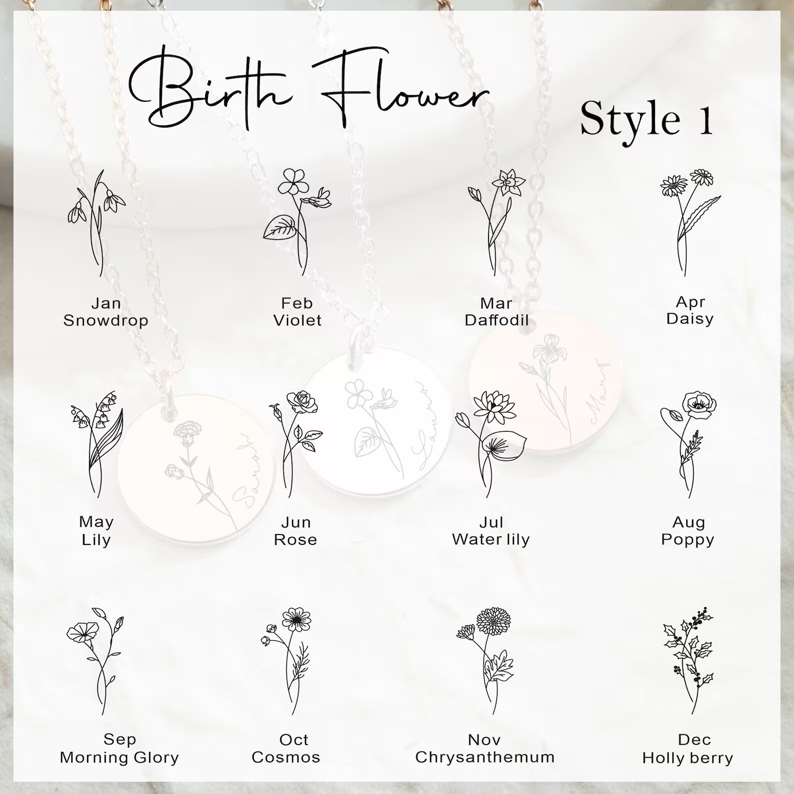 Personalized Birth Flower Necklace with Name – Custom Engraved Floral Pendant, Meaningful Gift | Rectangular Pendant